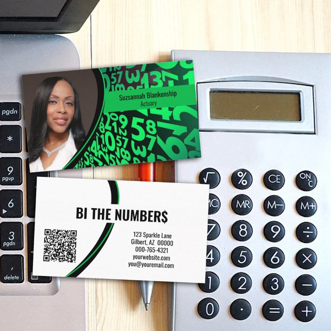 Grönt Black Numbers Anpassningsbar Photo QR-kod Visitkort (Share your business information on this double-sided custom photo, QR Code business card design.)