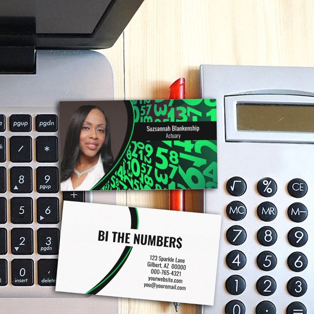 Grönt Black Numbers Anpassningsbar Professionell F Visitkort (Share your business info on this black and green numbers custom photo business card design.)