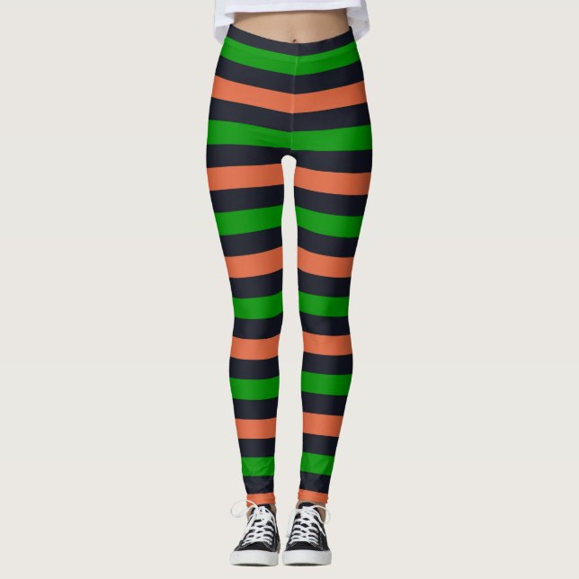 Grönt Black Orange Stripe Halloween Leggings (Framsida)