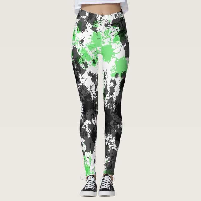 Grönt Black Paint Splat Leggings (Framsida)