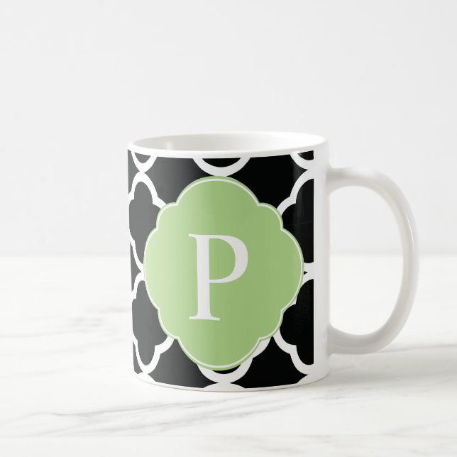 Grönt Black Quatrefoil Monogram Kaffemugg (Höger)