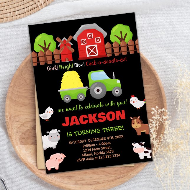 Grönt Black Red Boskap Birthday-inbjudningar Inbjudningar (Green Black Red Farm Animals Birthday Invitations)