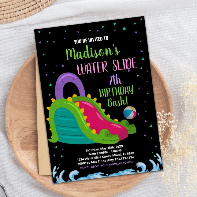 Grönt Black Rosa Vatten Slide Birthday-inbjudninga Inbjudningar (Green Black Pink Water Slide Birthday Invitations)