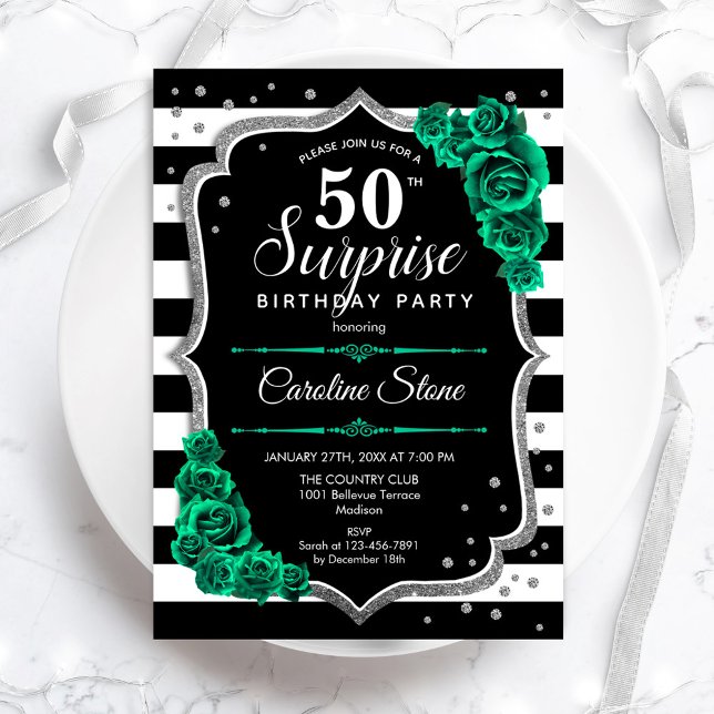 Grönt Black Silver Surprise 50:e födelsedagen Inbjudningar (Skapare uppladdad)