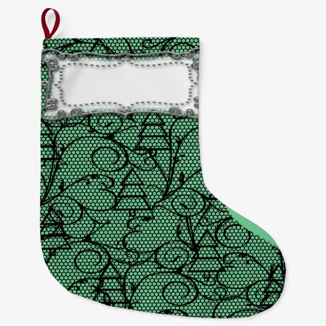 Grönt & Black Snöre Träd eller Mantle Stocking Stor Julstrumpa (Framsidan)