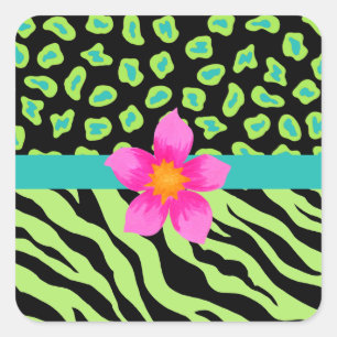Grönt, Black & Teal Zebra & Cheetah Rosa Flower Fyrkantigt Klistermärke