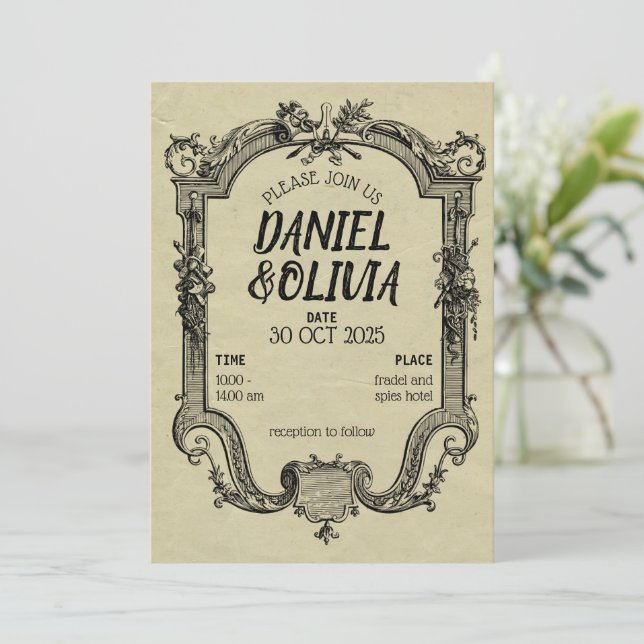 Grönt Black Vintage Classic Bröllop Inbjudningar (Stående Fram)