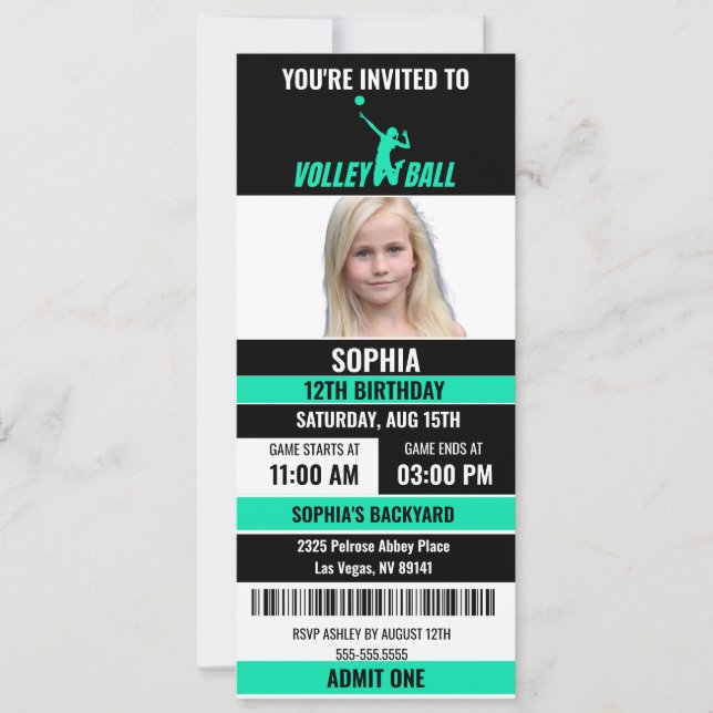 Grönt Black Volleyball Biljett Birthday Photo Inbjudningar (Framsida)