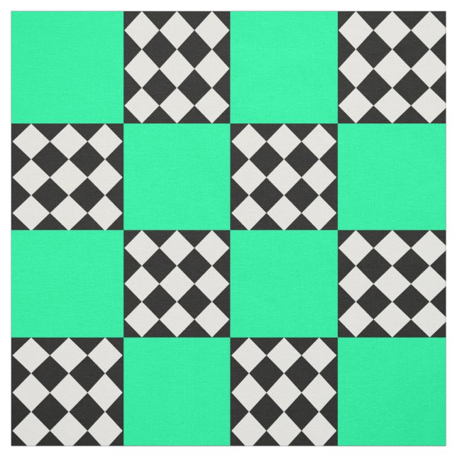 Grönt Black White Harlequin Square Shape Textile Tyg (Provkarta)