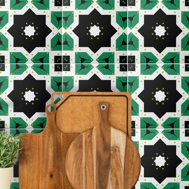 Grönt Black White Moroccan Mosaic Geometric Kakelplatta (Skapare uppladdad)