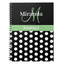 Grönt Black White Polka Dot Monogram Anteckningsbok