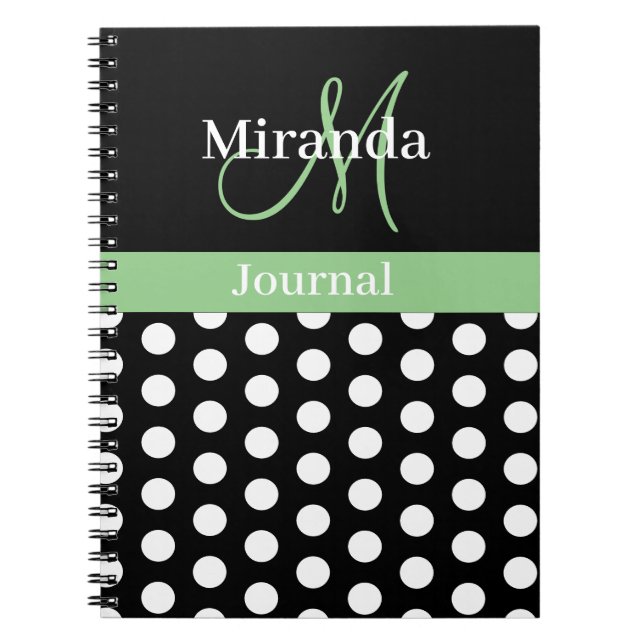 Grönt Black White Polka Dot Monogram Anteckningsbok (Framsidan)
