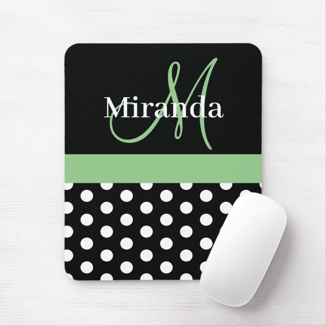Grönt Black White Polka Dot Monogram Mouse Pad Musmatta (Med mus)