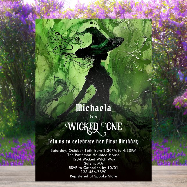 Grönt Black Witch Wicked One Girl First Birthday Inbjudningar (Skapare uppladdad)