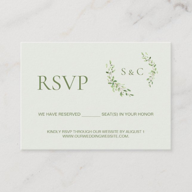 Grönt blad Monogram Topp bröllopswebbplats RSVP Tilläggskort (Framsida)