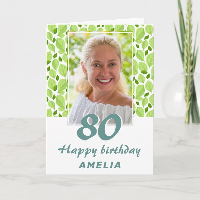 Grönt blad mönster Botanisk 80-års födelsedagsfoto Kort (Framsida)