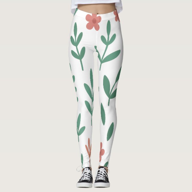 Grönt blad och rosa blommönstrad legging (Framsida)