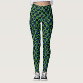 Grönt bladigt mönster med blå kronblad Leggings
