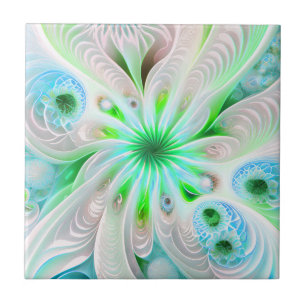 Grönt + Blått Abstrakt Fractal Flower Ceramic Tile Kakelplatta