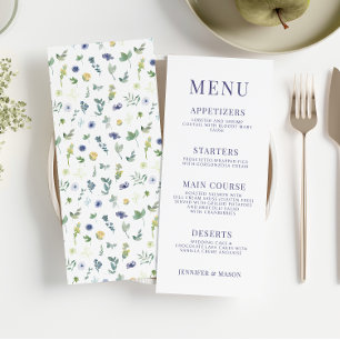 Grönt blått gult blommigt bröllop-menykort