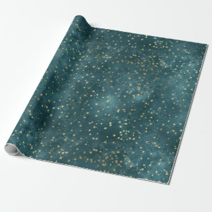 Grönt blått natthimmel teal guld stjärnmönster presentpapper