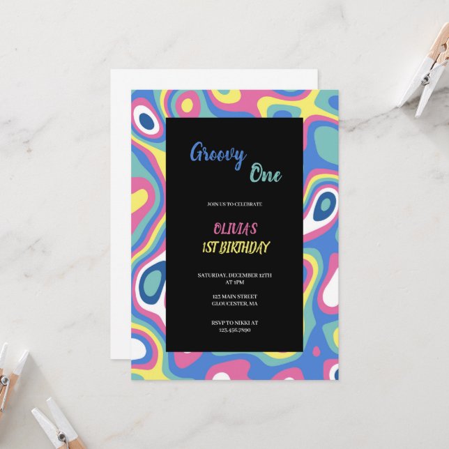 grönt,blått,rosa och gult födelsedag inbjudningar (Fram/Back In Situ)