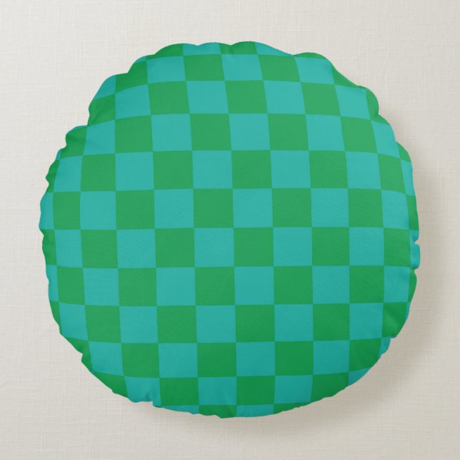 Grönt Blått Rutigt Gingham Mönster Rund Kudde (Framsidan)