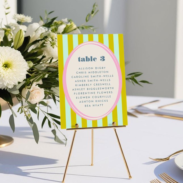 Grönt Blått säte för Bord i Rand med fetstil (Green Blue Stripe Bold Bright Wedding Table Seating Chart Card)