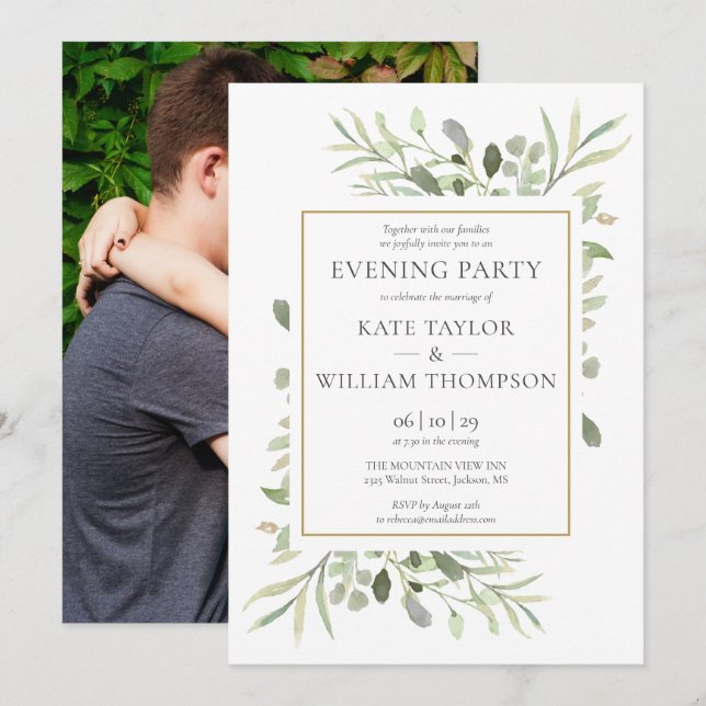 Grönt blomfoto bröllop kvällsfest inbjudningar (Fram/baksida)