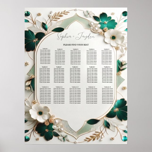 Grönt blommande bröllopsställningsdiagram poster (Framsidan)