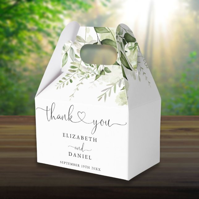 Grönt blommande hjärtformad bröllopsskrift presentaskar (Greenery Floral Heart Script Wedding Favor Boxes)