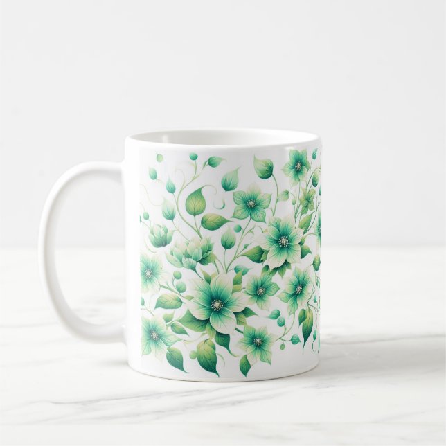 Grönt Blommar Mugg/Elegant Grönt Blommigt Design Kaffemugg (Vänster)