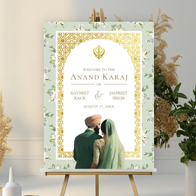 Grönt Blommigt Anand Karaj Sikh Bröllop Välkomstsk Poster (Skapare uppladdad)