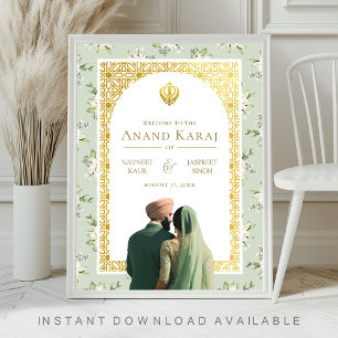 Grönt blommigt Anand Karaj Sikh välkomstskylt för Poster