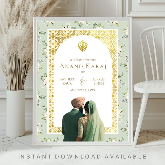 Grönt blommigt Anand Karaj Sikh välkomstskylt för  Poster (Skapare uppladdad)