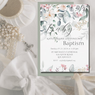 Grönt Blommigt Baby Baptism Inbjudningar