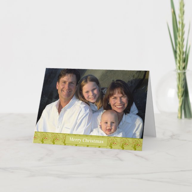 Grönt Blommigt Bird Print-Helgdag Card Helgkort (Framsida)