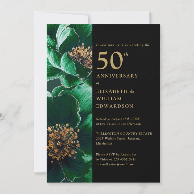 Grönt Blommigt Black and Guld Chic 50-årsjubileum Inbjudningar (Framsida)