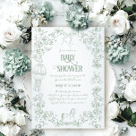 Grönt Blommigt Bow Bear Baby Shower Inbjudningar<br><div class="desc">Sage Grönt Blommigt Bow Bear Baby Shower-inbjudan</div>