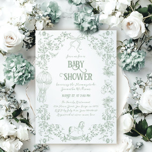 Grönt Blommigt Bow Bear Baby Shower Inbjudningar