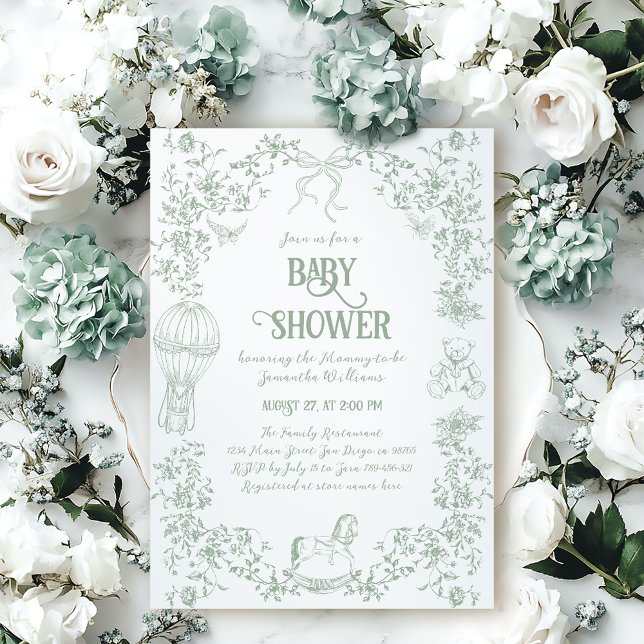 Grönt Blommigt Bow Bear Baby Shower Inbjudningar (Skapare uppladdad)