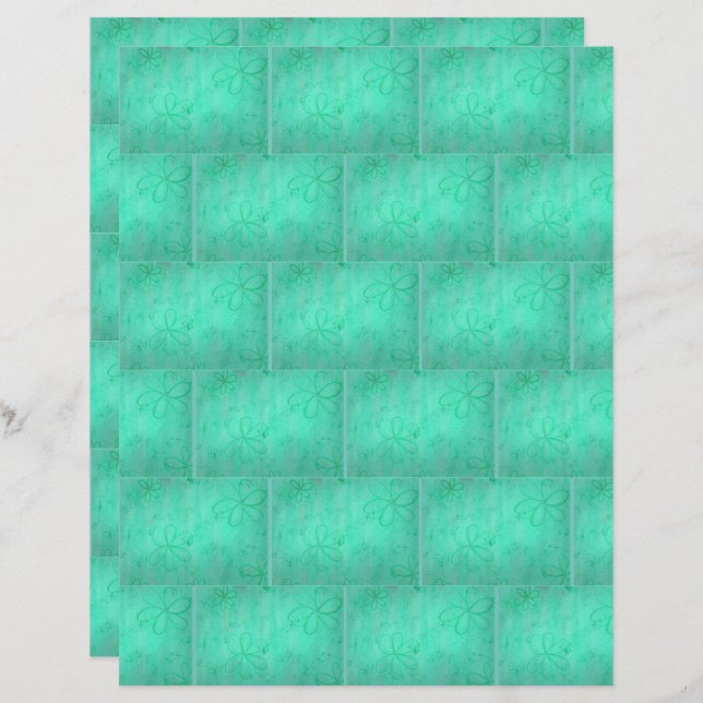 Grönt Blommigt Brick Mönster, Skrapbok Papper (Fram/baksida)