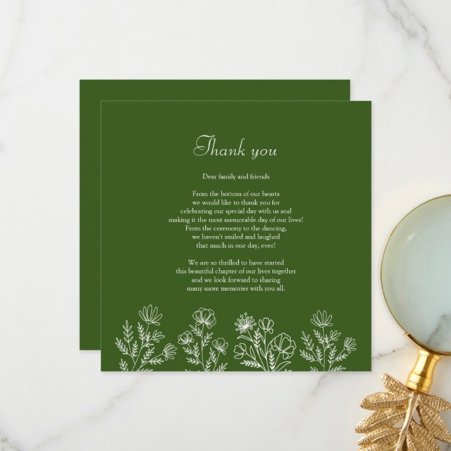 Grönt blommigt bröllop tack för dina kort (Fram/Back In Situ)