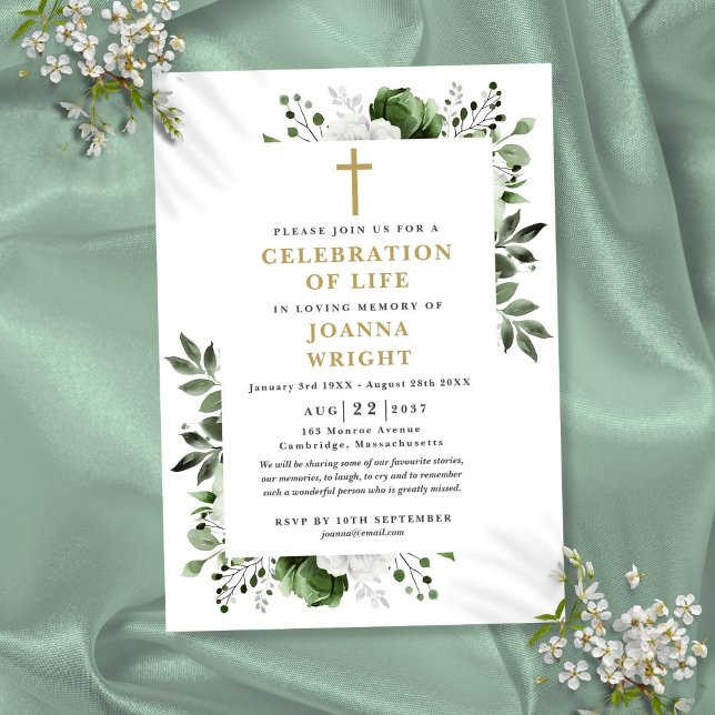 Grönt Blommigt Christian Firande av livets begravn Inbjudningar (Green Floral Christian Celebration Of Life Funeral Invitation)