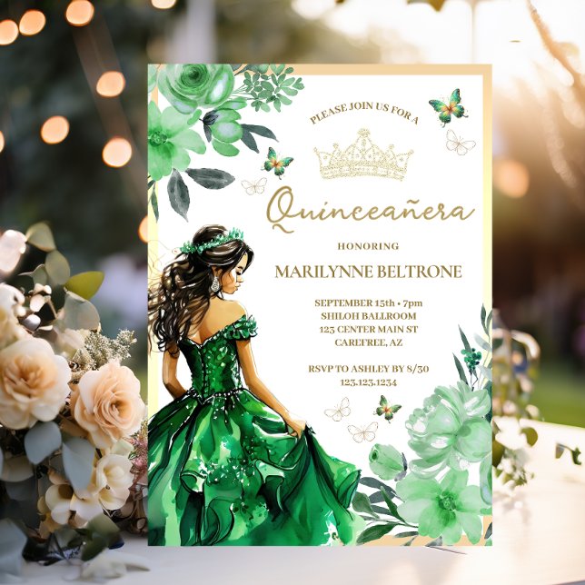 Grönt Blommigt Dress Butterfly Quinceañera Inbjudningar (Skapare uppladdad)