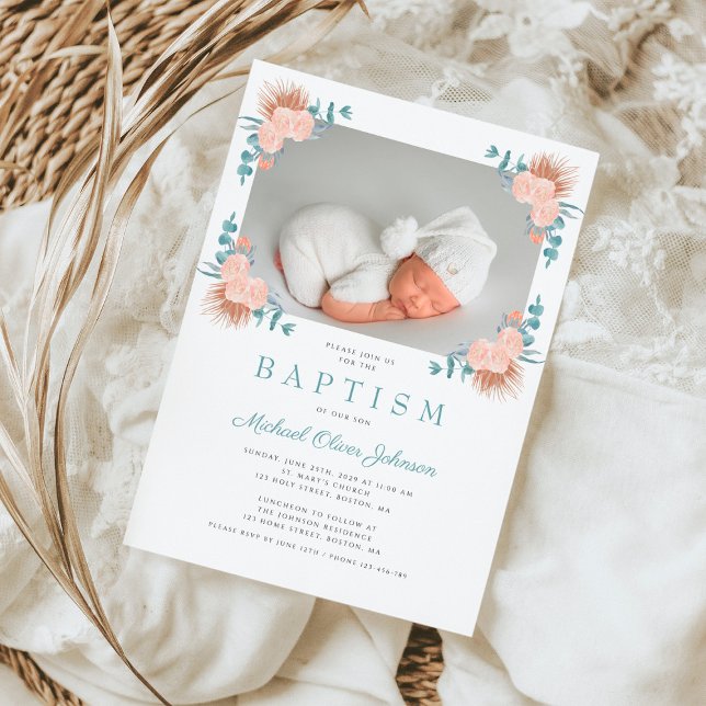 Grönt Blommigt Elegant Boy Photo Baptism Inbjudningar (Green Floral Elegant Boy Photo Baptism Invitation)