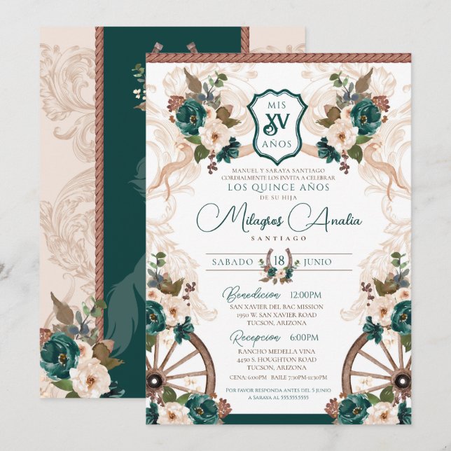 Grönt Blommigt Elegant Charro Western Quinceanera Inbjudningar (Fram/baksida)