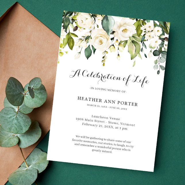 Grönt Blommigt Elegant Firande of Life Funeral Inbjudningar (Floral Celebration of Life Invitation)