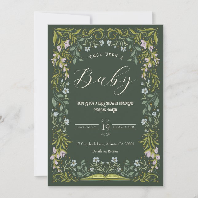 Grönt Blommigt Fairytale Bok Baby Shower-inbjudan Inbjudningar (Framsida)