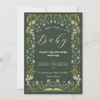 Grönt Blommigt Fairytale Bok Baby Shower-inbjudan Inbjudningar